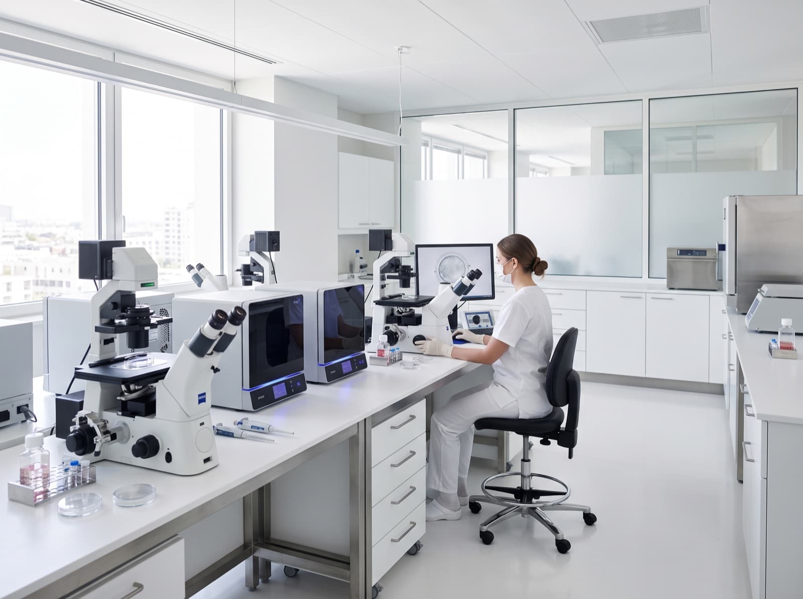 An embryologist working at a microscope in an IVF laboratory