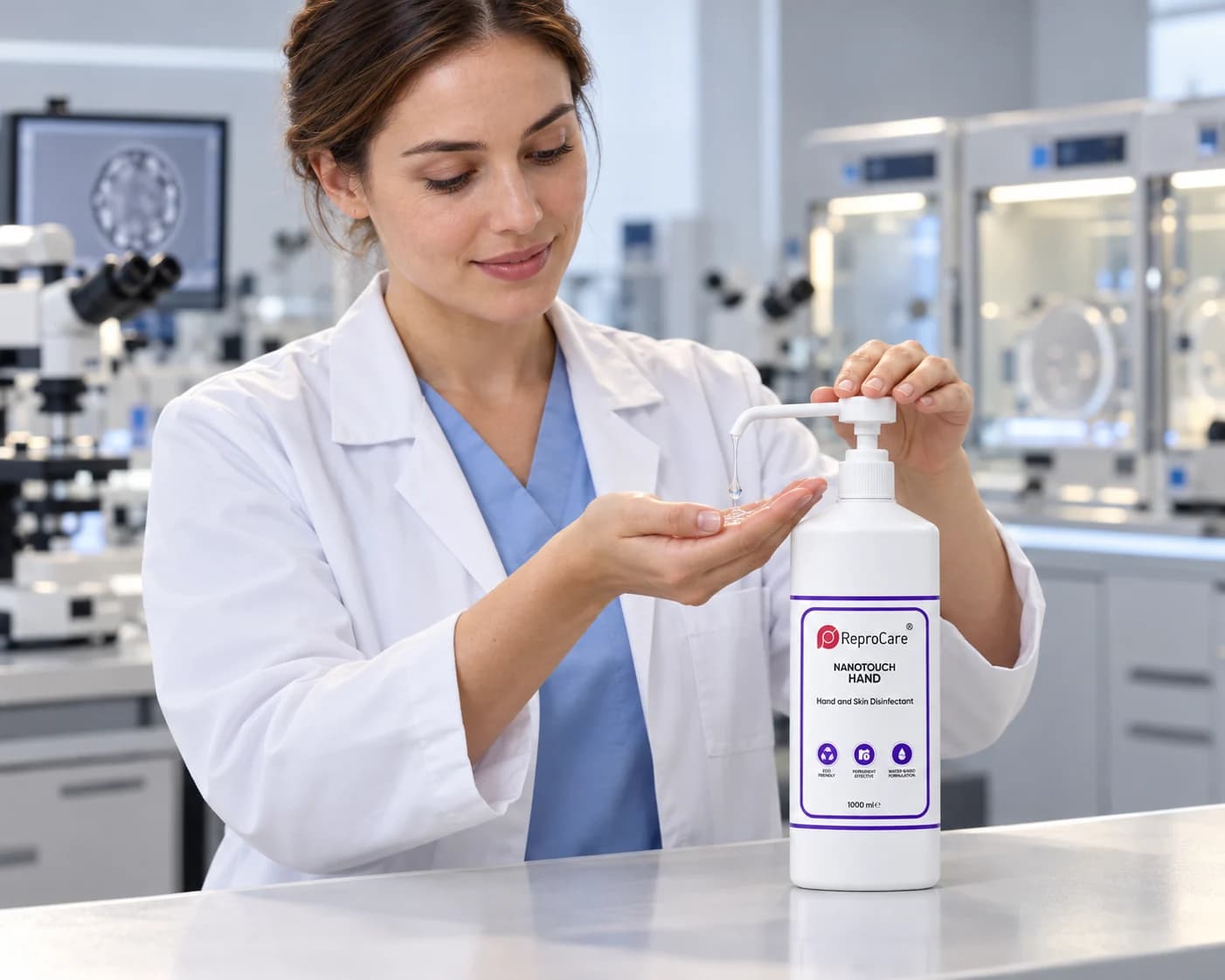 A lab worker in an IVF laboratory dispensing Nanotouch Hand from the 1 L pump bottle into their palm
