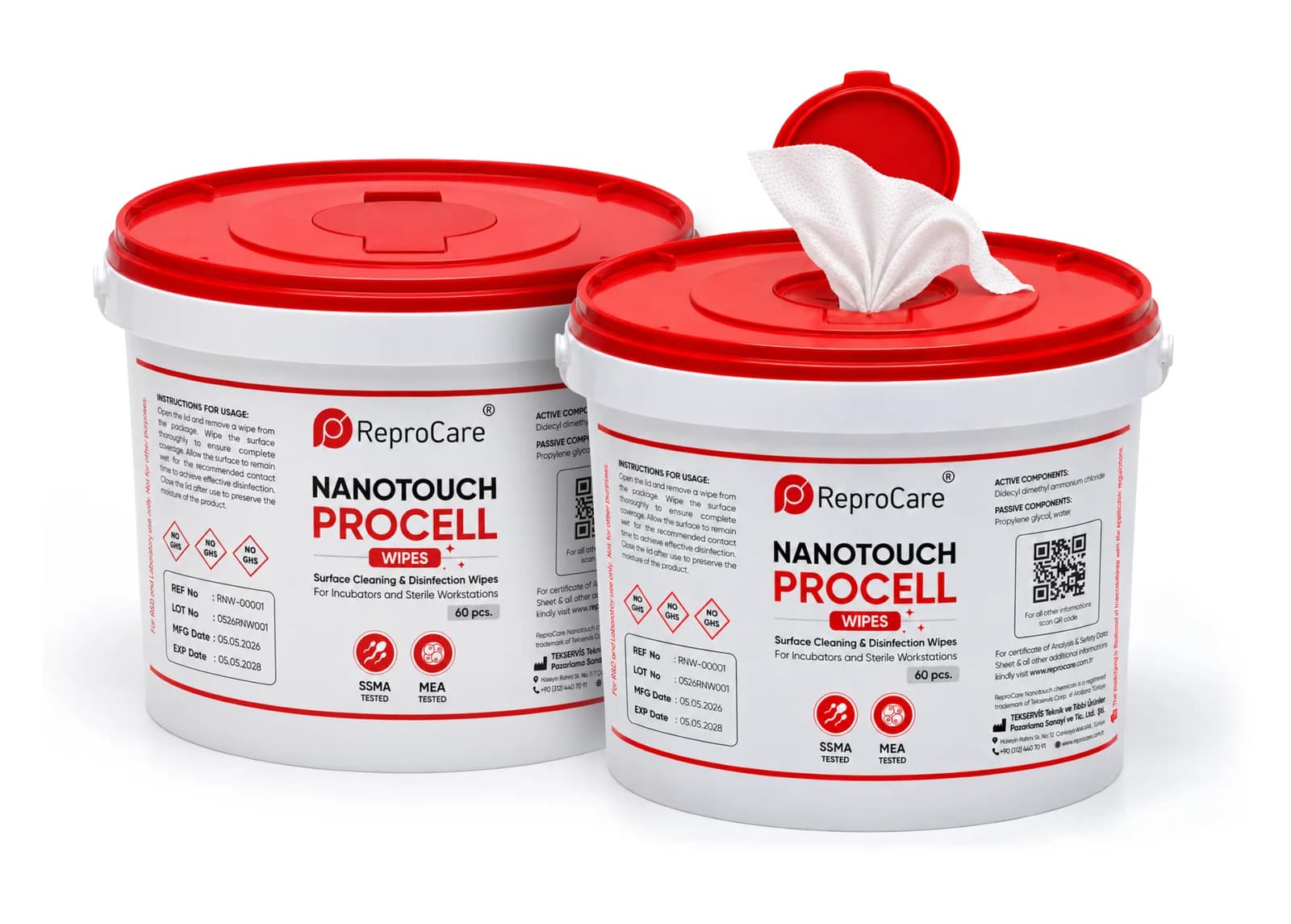 Nanotouch Procell Wipes: two red-lidded tubs; one is open with a wipe showing