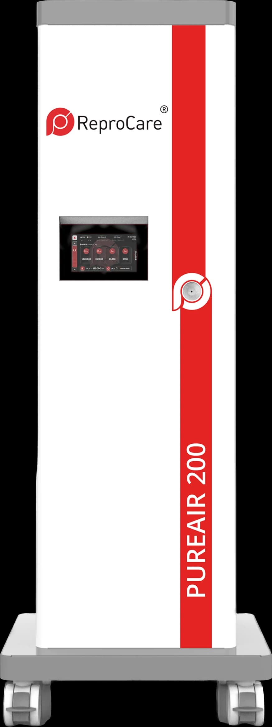 PureAir 200 front view: white cabinet, vertical red stripe, touchscreen and wheeled base