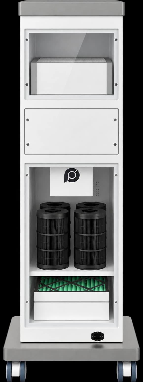 PureAir 200 interior with the rear panels removed: H13 HEPA filter at the top, four activated carbon cartridges in the middle, two G4 pre-filters at the bottom