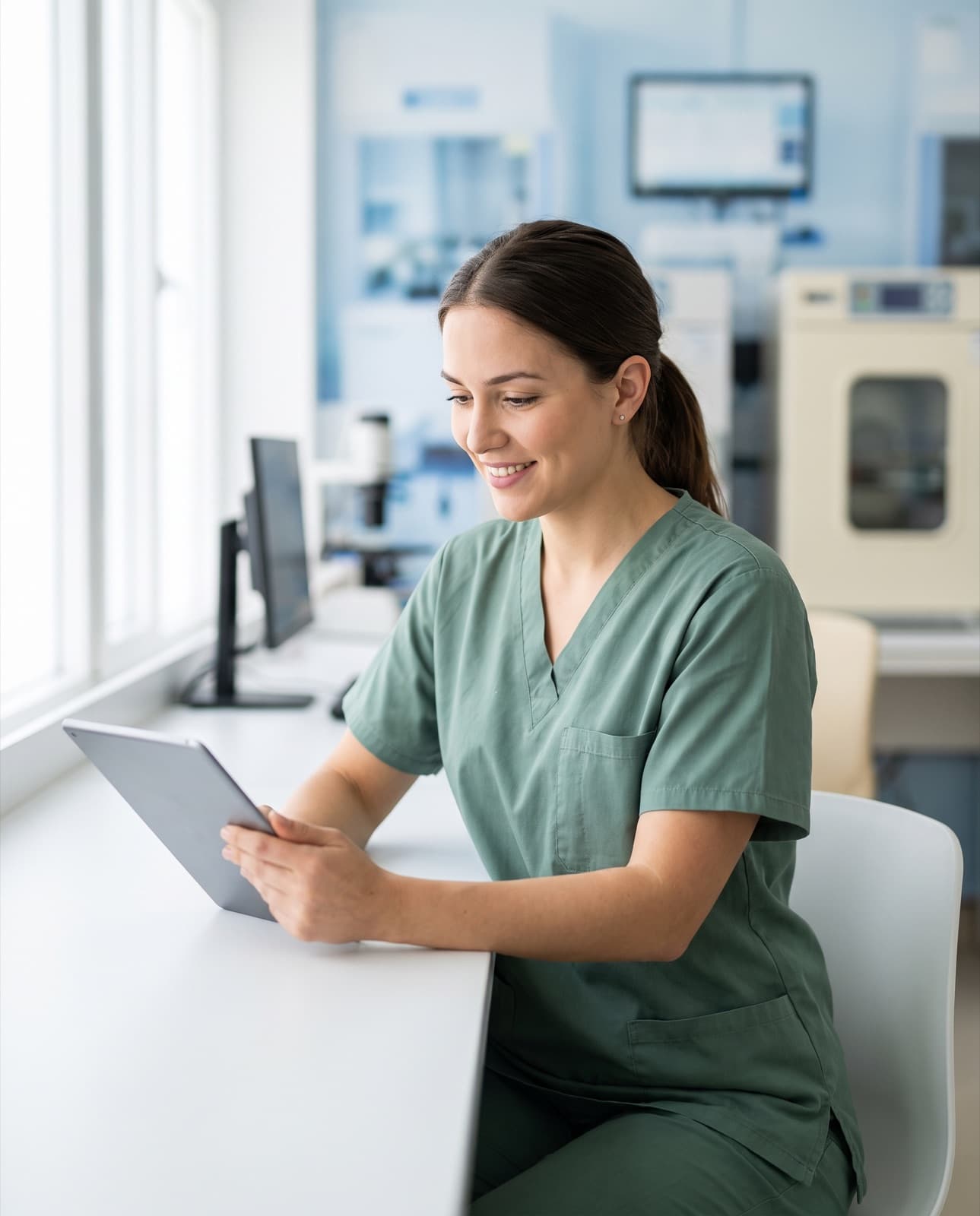 An embryologist in green scrubs at her desk, reviewing incoming service requests on a tablet