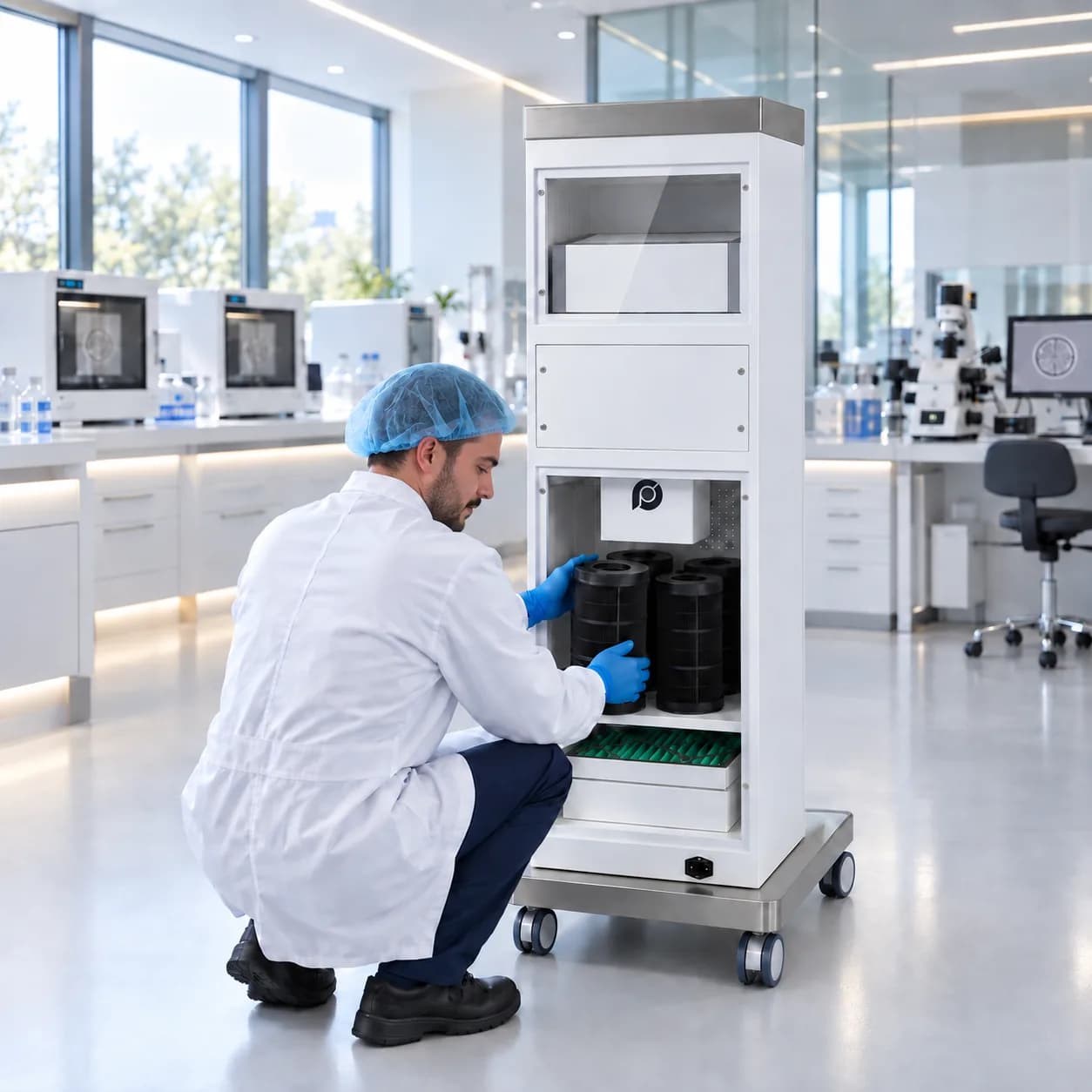 A service engineer in a surgical cap and blue gloves fitting filter cartridges into an air filtration unit in an IVF laboratory