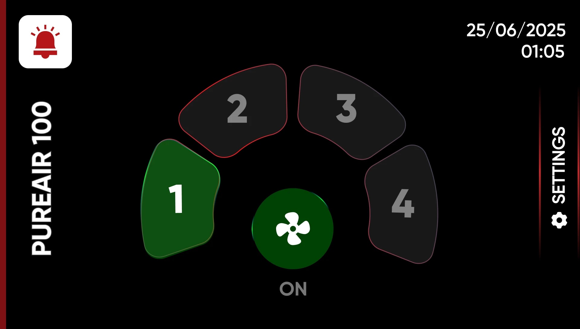 PureAir 100 control panel main screen (English interface): four numbered buttons around a fan icon, and Settings on the right.